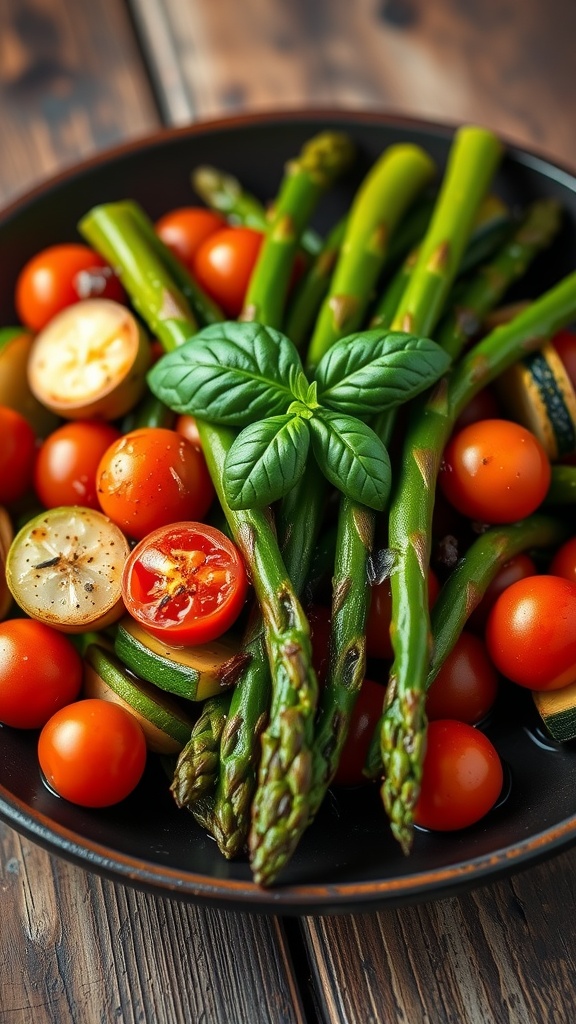 Sautéed asparagus, zucchini, and cherry tomatoes garnished with basil on a rustic wooden table.